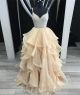 Charming Sweetheart Champagne Organza Ruffle Beaded Prom Dress With Straps