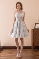 Charming V Neck Short Silver Lace See Through Party Prom Dress With Bow