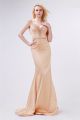 Chic V Neck Open Back Cap Sleeve Champagne Satin Fringe Occasion Prom Dress