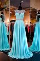 Classy A Line Jewel Neckline Long Turquoise Chiffon Beaded Prom Dress