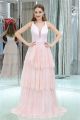 Classy Plunging Neckline Long Blush Pink Lace Tiered Prom Dress