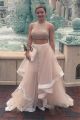 Elegant A Line Long Champagne Tulle Ruffle Beaded Two Piece Prom Dress