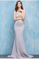 Elegant Mermaid V Neck Silver Satin Tulle Beaded Sheer Prom Dress