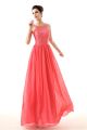 Elegant Scoop Neck Open Back Long Watermelon Lace Chiffon Prom Dress