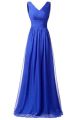 Elegant Sheath V Neck Long Royal Blue Chiffon Ruched Prom Dress