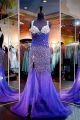 Elegant Sweetheart Open Back Purple Tulle Beaded Prom Dress With Straps