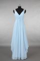 Elegant V Neck Empire Waist Long Light Blue Chiffon Draped Bridesmaid Evening Dress