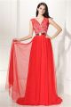 Elegant V Neck Long Red Lace Chiffon Prom Dress With Belt