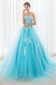 Fairy Ball Gown Strapless Turquoise Tulle Lace Beaded Prom Dress Lace Up Back