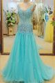 Fitted A Line V Neck Sleeveless Aqua Tulle Rhinestone Beaded Prom Dress