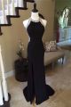 Fitted Halter High Slit Open Back Long Black Jersey Beaded Prom Dress