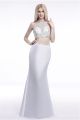 Fitted Halter Two Piece Open Back White Satin Beaded Prom Dress