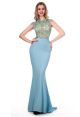 Fitted High Neck Cap Sleeve Sheer Back Baby Blue Jersey Tulle Beaded Prom Dress