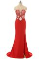 Fitted Illusion Neckline Open Back Long Red Beaded Prom Dress With Slit