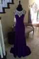 Fitted Round Neck Sheer Back Purple Chiffon Tulle Beaded Prom Dress