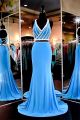 Fitted V Neck Sky Blue Jersey Beaded Two Piece Evening Prom Dress