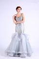 Flare Meramid Open Back Silver Organza Beaded Prom Dress With Ruffles