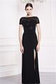 Formal Sheath High Slit Long Black Chiffon Tulle Beaded Evening Prom Dress With Sleeves