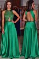 Front Cut Out Open Back Emerald Green Silk Beaded Evening Prom Dress