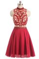 Gorgeous A Line High Neck Short Red Chiffon Rhinestone Beaded Prom Dress