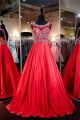 Gorgeous A Line Scoop Neck V Back Long Red Satin Beaded Prom Dress