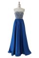 Gorgeous A Line Strapless Long Royal Blue Satin Beaded Prom Dress