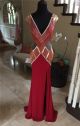 Gorgeous Deep V Neck High Slit Cut Out Red Jersey Beaded Prom Dress