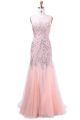 Gorgeous Fitted Scoop Neck V Back Blush Pink Tulle Beaded Prom Dress