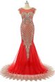 Gorgeous Mermaid Scoop Neck Red Tulle Gold Embroidery Formal Occasion Prom Dress