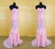 Gorgeous Mermaid Strapless Pink Chiffon Heavy Beaded Rhinestone Prom Dress With Slit