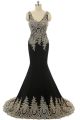 Gorgeous Mermaid V Neck And Back Long Black Satin Gold Lace Beaded Prom Dress