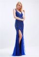 Gorgeous V Neck Open Back High Slit Long Royal Blue Tulle Heavy Beaded Prom Dress