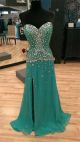 Graceful Sweetheart High Slit Long Emerald Green Chiffon Beaded Prom Dress