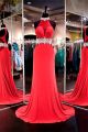 Halter Open Back Long Red Chiffon Beaded Special Occasion Prom Dress