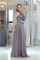 High Neck Open Back Long Grey Chiffon Beaded Two Piece Prom Dress