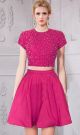 High Neck Open Back Short Fuschia Taffeta Beaded Two Piece Prom Dress With Sleeves