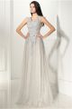 High V Neck Long Silver Tulle Lace Applique Prom Dress With Sash Bow