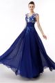 Illusion Neckline Keyhole Back Long Roal Blue Chiffon Applique Flowing Prom Dress