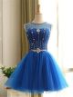 Lovely Ball Sleeveless Royal Blue Tulle Beaded Short Prom Dress