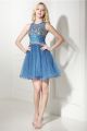 Lovely Scoop Neck Open Back Short Ink Blue Tulle Beaded Prom Dress