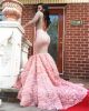 Mermaid Backless Long Sleeve Pink Floral Beaded Special Occasion Prom Dress