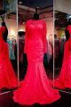 Mermaid Backless Long Sleeve Red Lace Evening Prom Dress