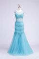 Mermaid Bateau Neckline See Through Turquoise Tulle Beaded Prom Dress