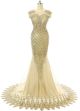 Mermaid Cap Sleeve Champagne Tulle Embroidery Beaded Special Occasion Prom Dress