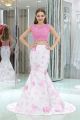 Mermaid Cap Sleeve Open Back Two Piece Pink Lace Floral Printed Prom Dress