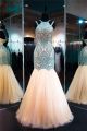 Mermaid Cut Out Back Champagne Tulle Green Embroidery Prom Dress With Straps