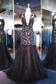 Mermaid Deep V Neck Cap Sleeve Black Tulle Lace Beaded Prom Dress