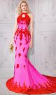 Mermaid Front Keyhole Open Back Floral Lace Hot Pink Applique Evening Prom Dress