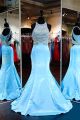 Mermaid Halter Cut Out Open Back Turquoise Satin Beaded Prom Dress