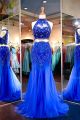 Mermaid Halter Keyhole Back Royal Blue Tulle Lace Beaded Two Piece Prom Dress